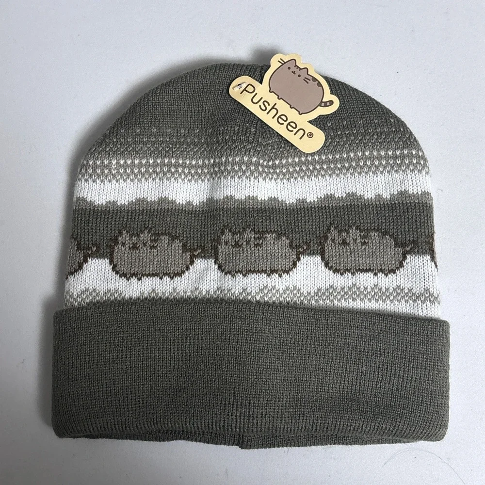 NEW Pusheen Beanie One Size Gray White Fair Isle Cat Knit Hat Boggin Winter Kids